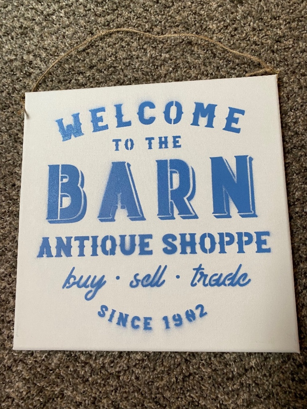 Handmade stenciled canvas wallhanging “welcome To The Barn Antique Shop” new